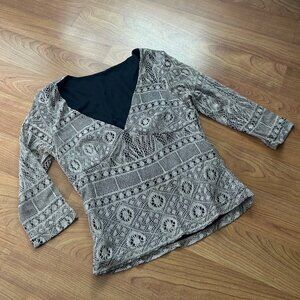 Vintage Elegant Crochet Top – 3/4 Sleeve – Chrome Shimmer – Size Small | Excelle